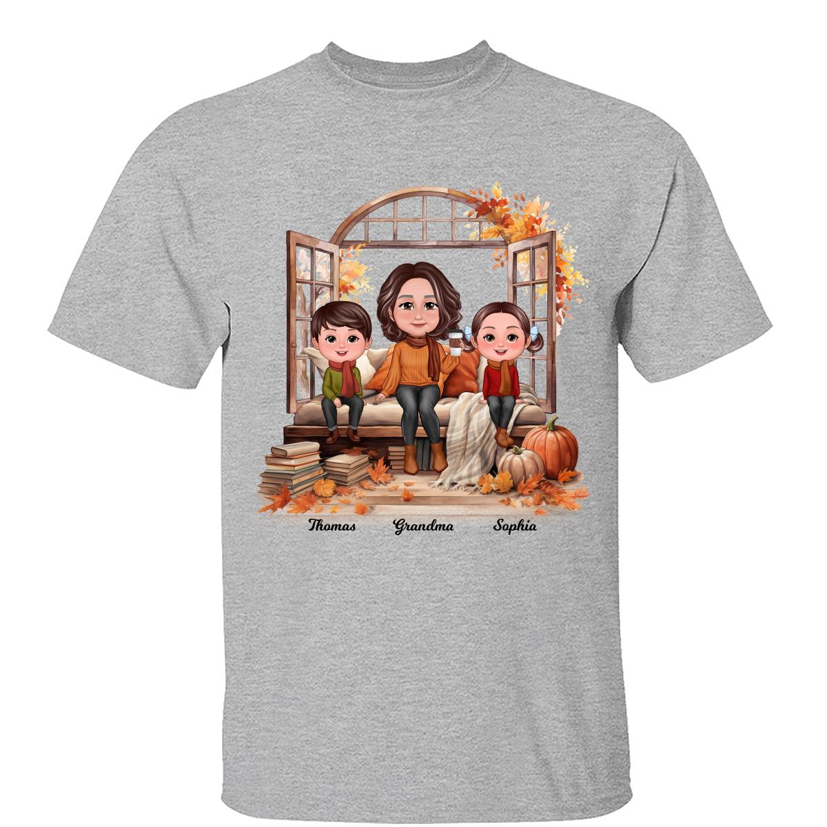 Grandma Grandkids Sitting On Sofa Cozy Fall Window Personalized Shirt