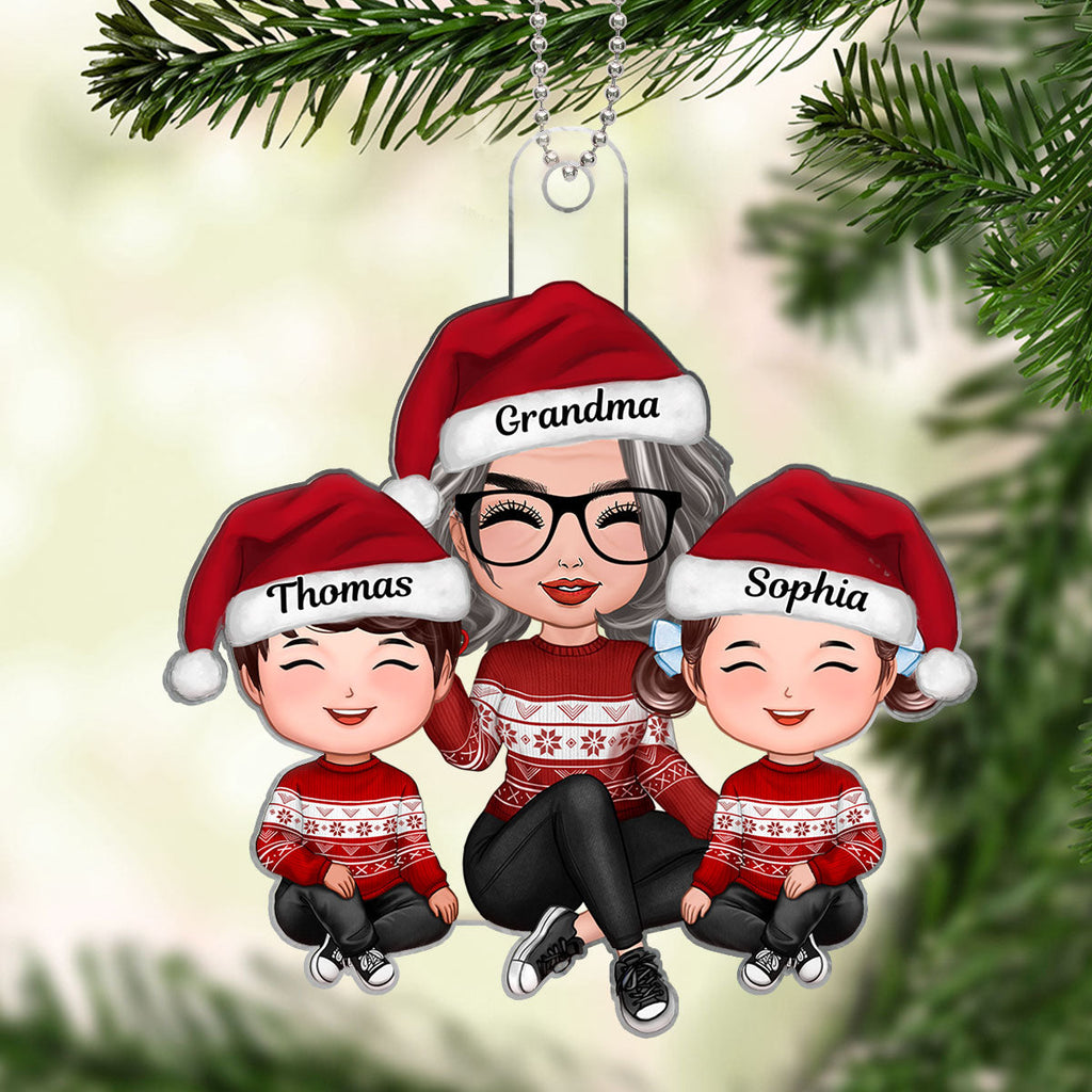 Grandma And Grandkids Sitting Happy Face Personalized Acrylic Ornament, Gift For Granddaughter, Grandson