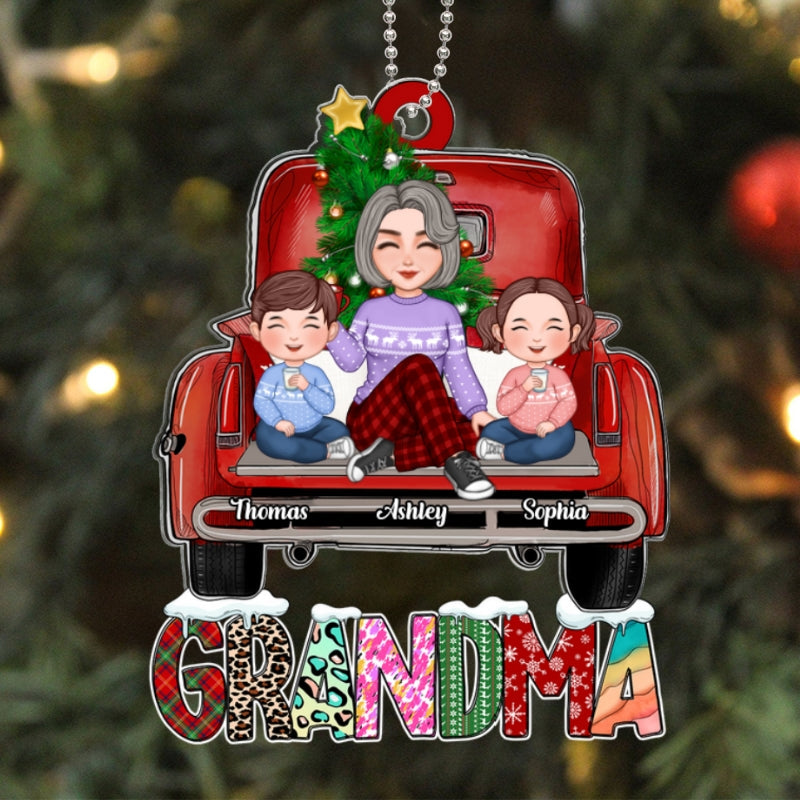 Grandma Grandkids Sitting On Truck Christmas Pattern Personalized Acrylic Ornament