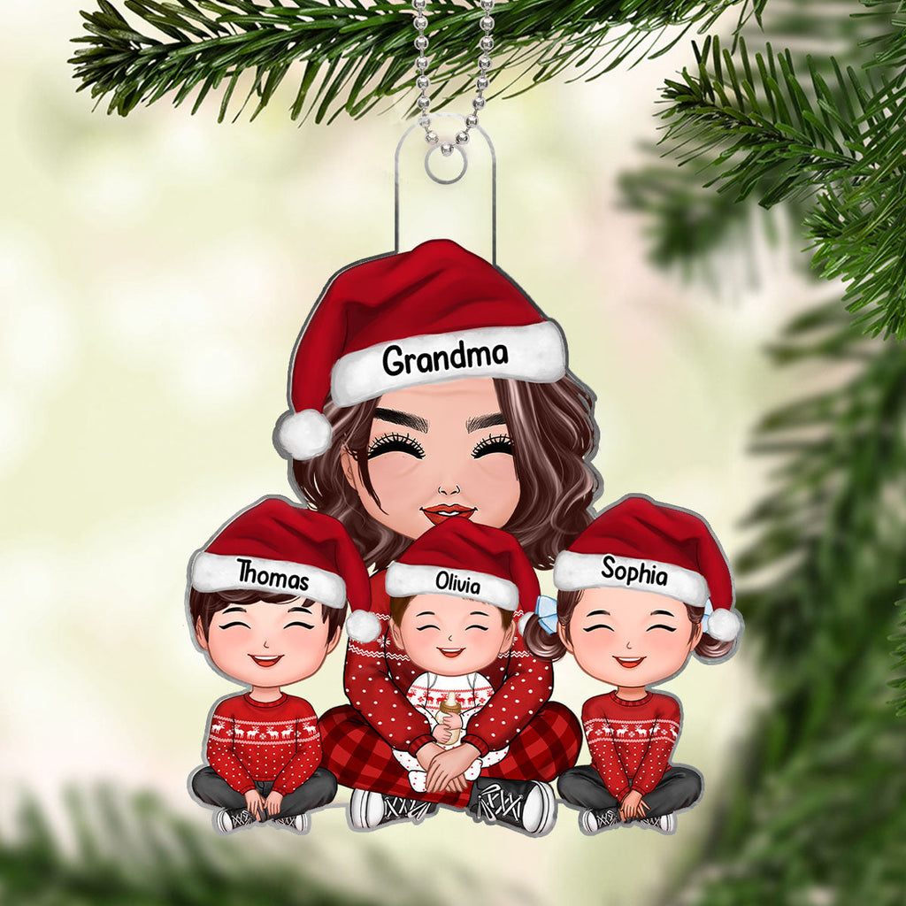 Grandma & Grandkids Sitting Crossed Legs Personalized Acrylic Ornament, Gift For Granddaughter Grandson