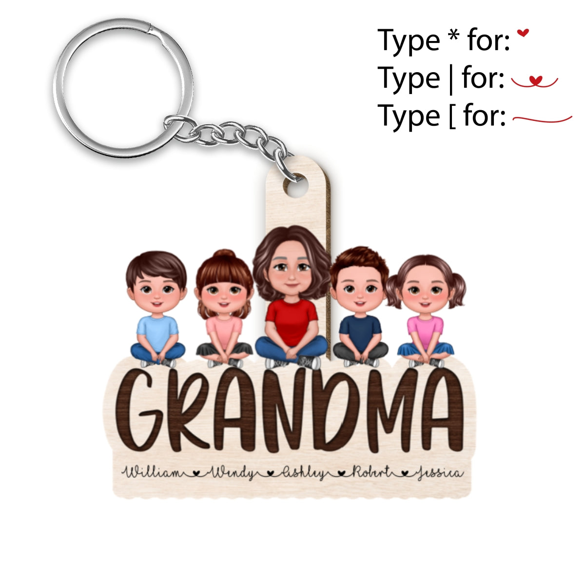 Grandma Grandkids Sitting On Text Personalized Wooden Keychain