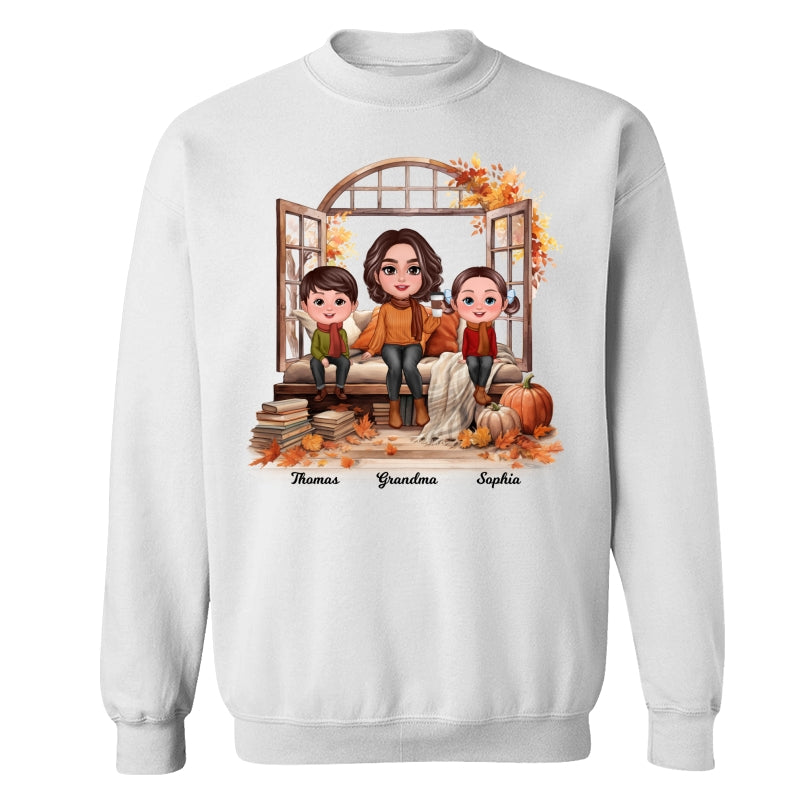Grandma Grandkids Sitting On Sofa Cozy Fall Window Personalized Shirt