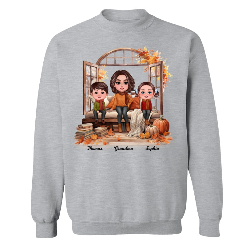 Grandma Grandkids Sitting On Sofa Cozy Fall Window Personalized Shirt