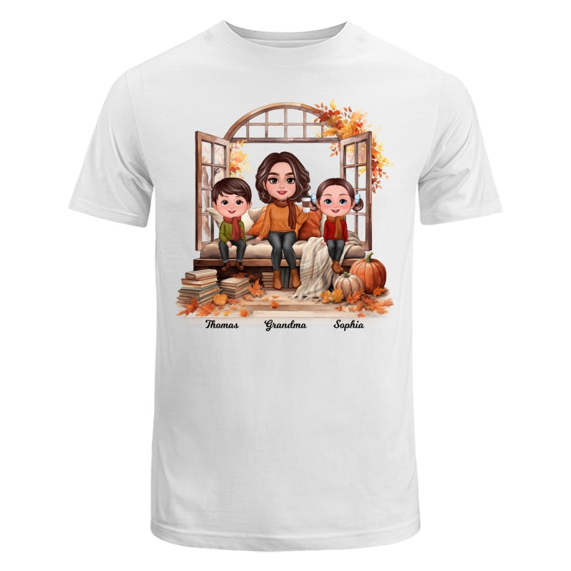 Grandma Grandkids Sitting On Sofa Cozy Fall Window Personalized Shirt