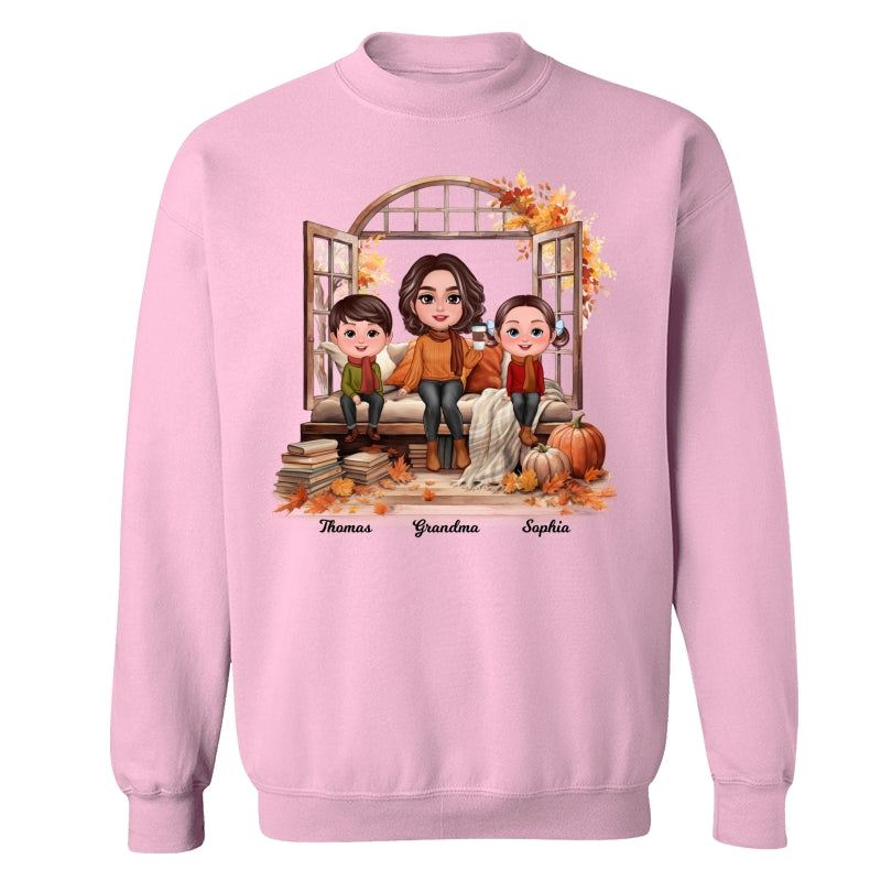 Grandma Grandkids Sitting On Sofa Cozy Fall Window Personalized Shirt