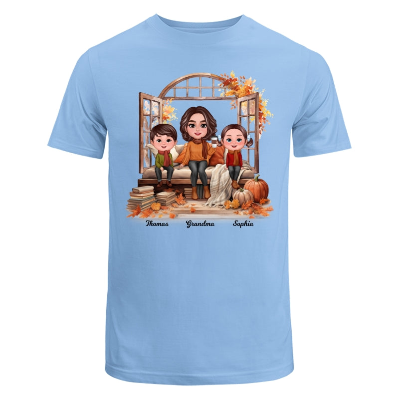 Grandma Grandkids Sitting On Sofa Cozy Fall Window Personalized Shirt