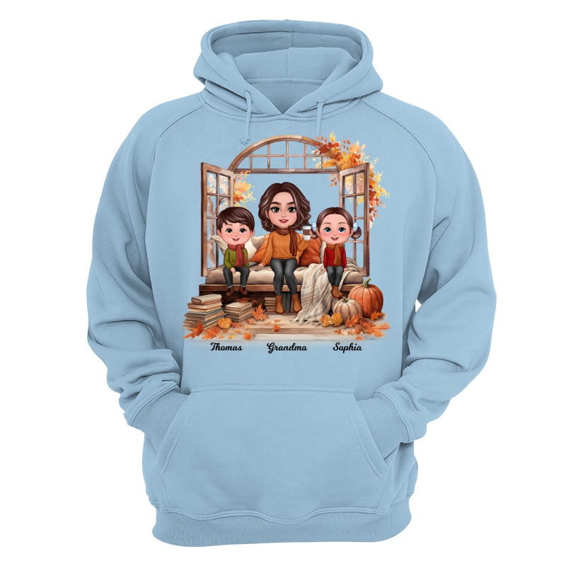 Grandma Grandkids Sitting On Sofa Cozy Fall Window Personalized Shirt
