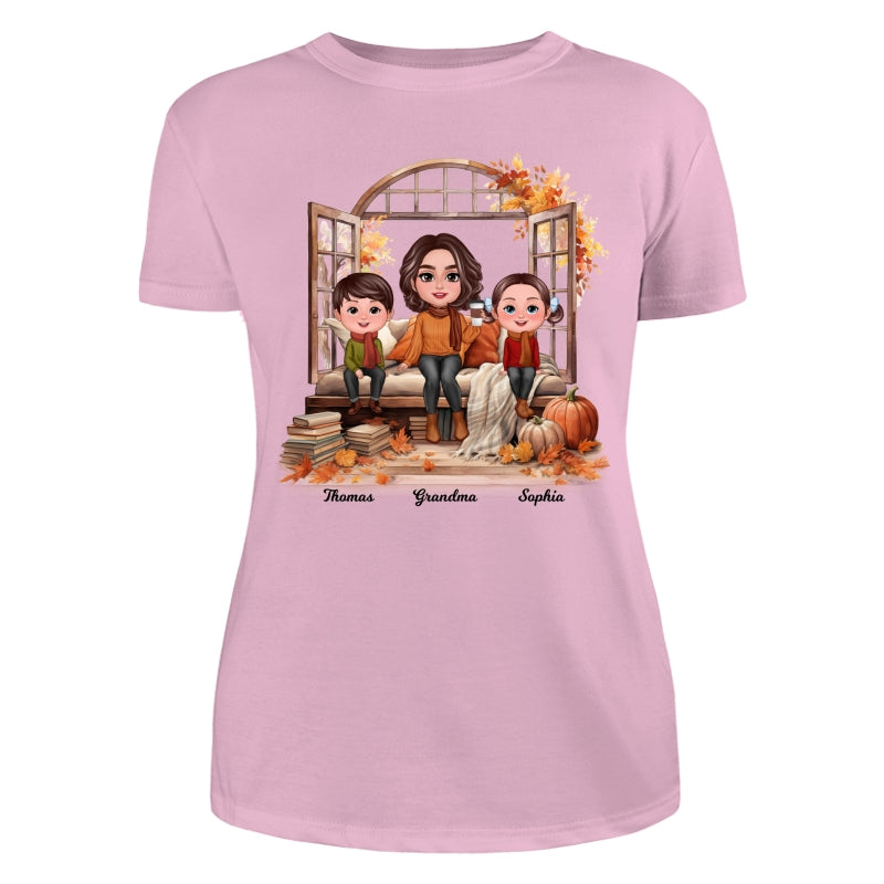 Grandma Grandkids Sitting On Sofa Cozy Fall Window Personalized Shirt