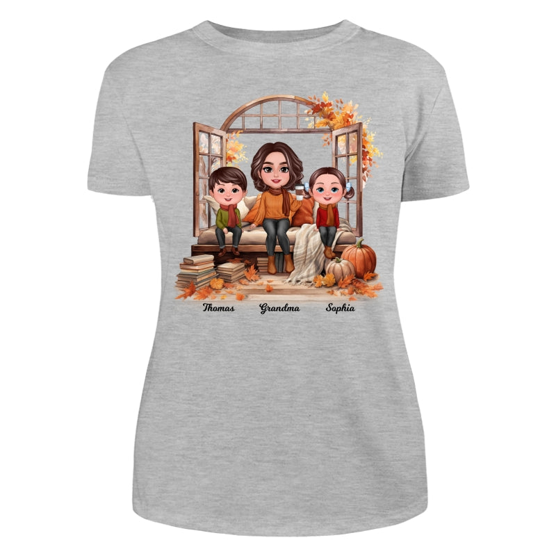Grandma Grandkids Sitting On Sofa Cozy Fall Window Personalized Shirt