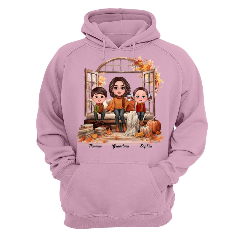 Grandma Grandkids Sitting On Sofa Cozy Fall Window Personalized Shirt