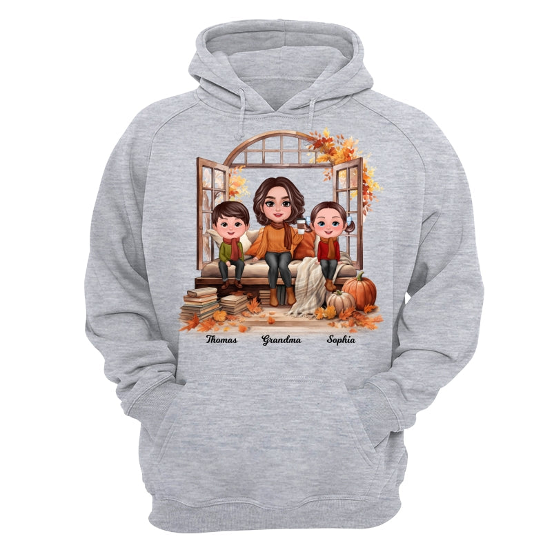 Grandma Grandkids Sitting On Sofa Cozy Fall Window Personalized Shirt
