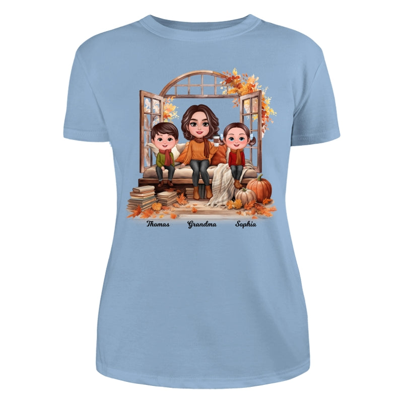 Grandma Grandkids Sitting On Sofa Cozy Fall Window Personalized Shirt