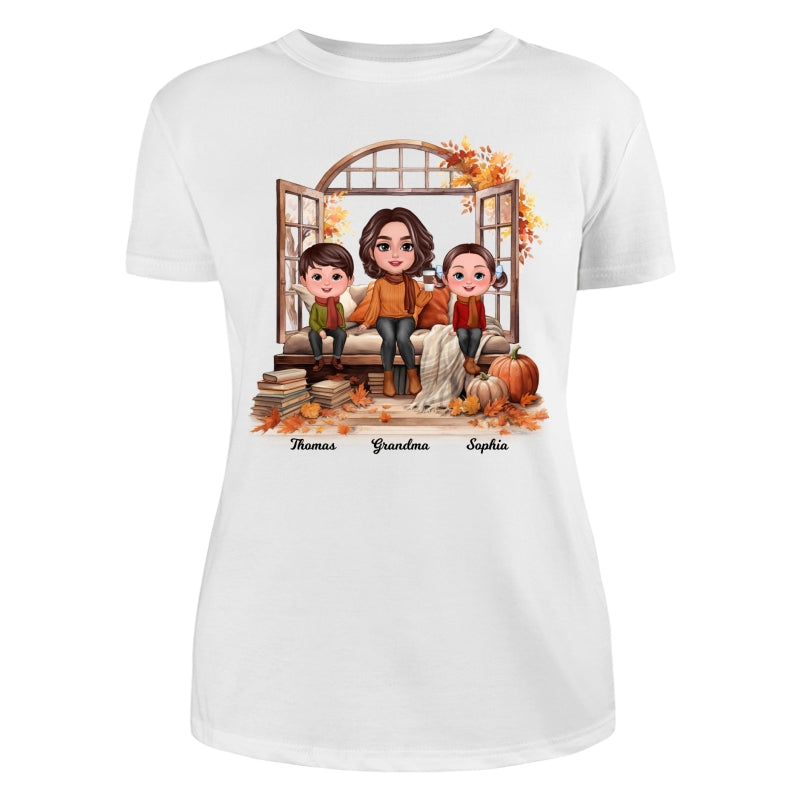 Grandma Grandkids Sitting On Sofa Cozy Fall Window Personalized Shirt