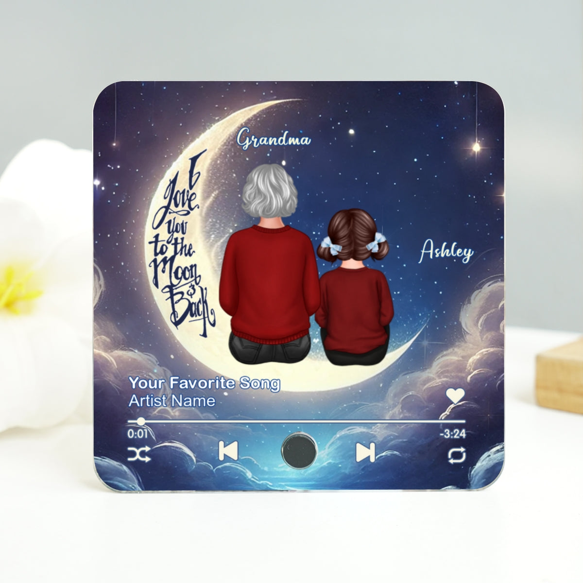 Grandma & Grandkids Sitting On The Moon Personalized Music Fridge Magnet, Perfect 2025 Gift For Mom For Grandma