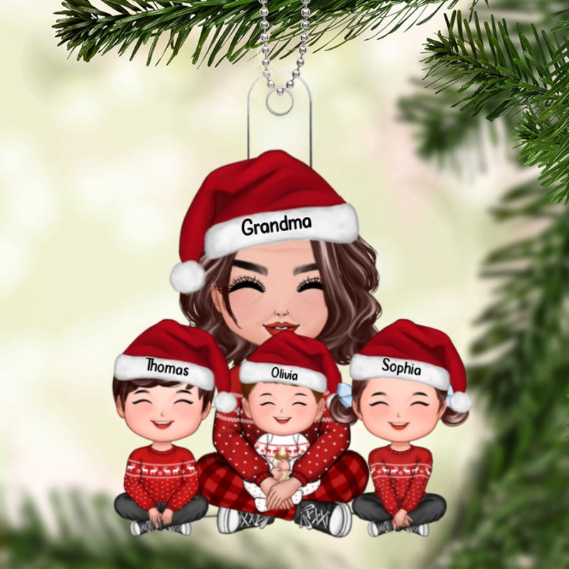 Grandma & Grandkids Sitting Crossed Legs Personalized Acrylic Ornament, Gift For Granddaughter Grandson