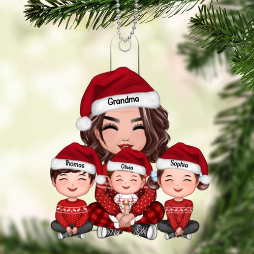 Grandma & Grandkids Sitting Crossed Legs Personalized Acrylic Ornament, Gift For Granddaughter Grandson