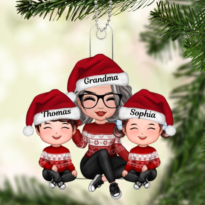 Grandma And Grandkids Sitting Happy Face Personalized Acrylic Ornament, Gift For Granddaughter, Grandson