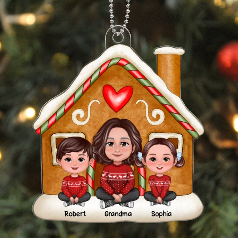 Grandma Grandkids Sitting On Gingerbread House Christmas Gift Personalized Acrylic Ornament