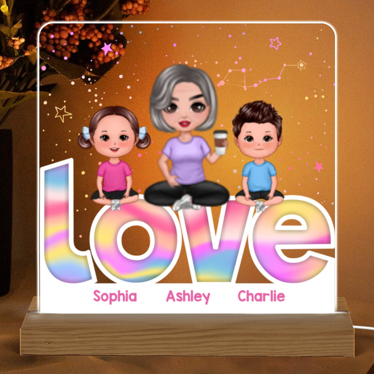 Grandma Grandkids Sitting On Love Personalized Custom Shape Acrylic Plaque With Warm LED Night Light